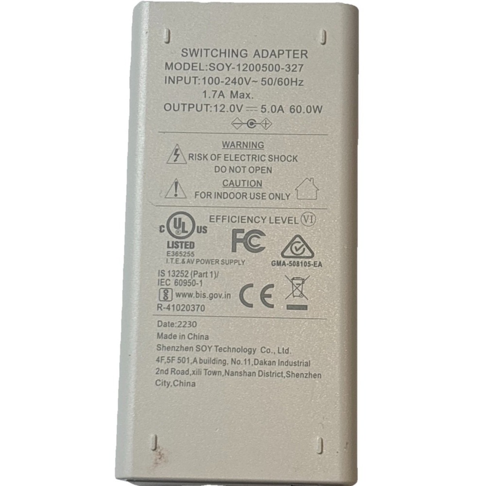 Shenzhen Soy 1200500-327 AC Adapter – 12V‎ 5A Power Supply 60W OEM